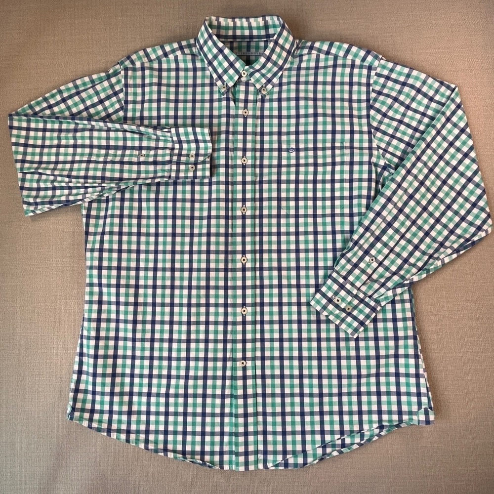 Southern Tide Button Down Shirt Men Large Blue Teal Gingham Long Sleeve Stretch - Picture 2 of 8